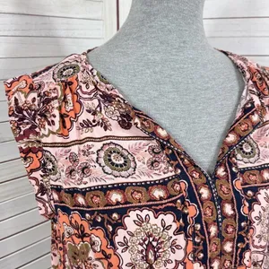 Loft Boho Floral Split Neck Sleeveless Tunic Tank Top Shirt Peach‎ Coral Medium thumbnail 6