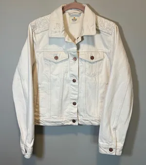 Marine Layer Women's Cream Denim Jean Jacket Embroidered Shoulder White Medium thumbnail 1