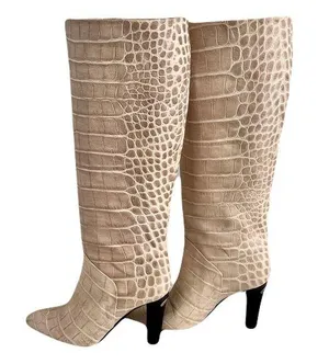 Karen Millen Ivory Croc Embossed Leather Heeled Knee High Boots, Size 38 thumbnail 1