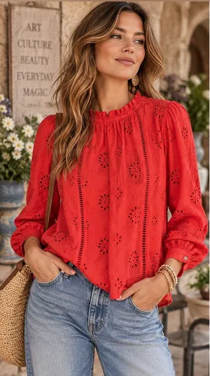 Nicole Miller Artelier Long Sleeve High Neck Eyelet Blouse Size Large thumbnail 1