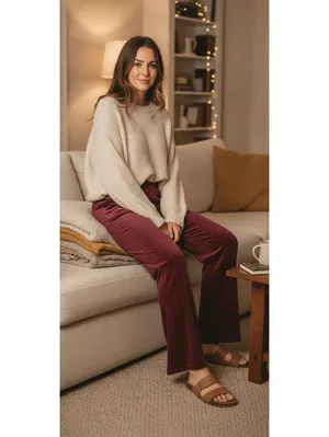 Time and Tru Velour Pants SZ M Burgundy Ribbed Velvet Flare Leg Loungewear thumbnail 7