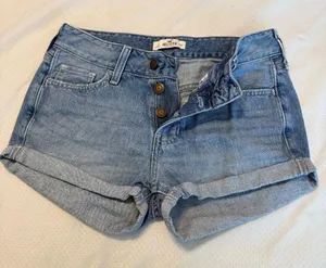 Hollister Button Fly Denim Jean Shorts Size 0 Cuffed Hem 2” Inseam 9” Rise thumbnail 1