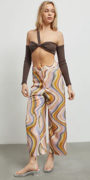 Urban Outfitters Satin Olympia Swirl Print Wide-Leg Pants Multicolor thumbnail 1