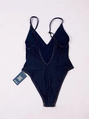 Aerie One Piece Cheeky Denim Look V-Neck Swimsuit Navy NWT Size Small thumbnail 3