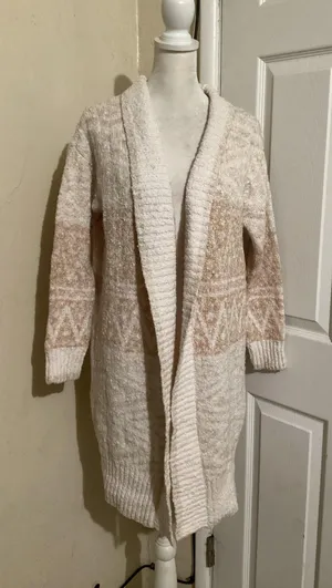 Joie Cardigan Sweater Womens Small Beige White Long Open Front Cozy Knit Aztec thumbnail 1