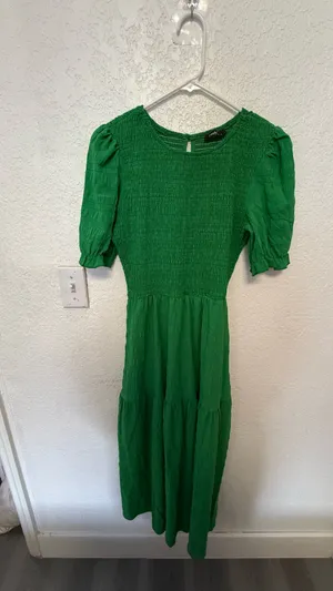 Boho Green Smocked Maxi Dress - Puff Sleeve Tiered Long Dress - Size S thumbnail 9