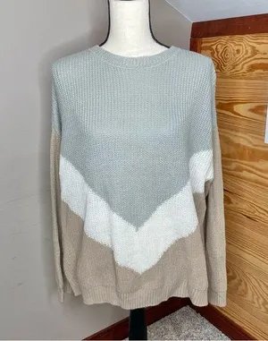 Unbranded Tan Grey White Colorblock Long Sleeve Crewneck Knit Sweater thumbnail 1