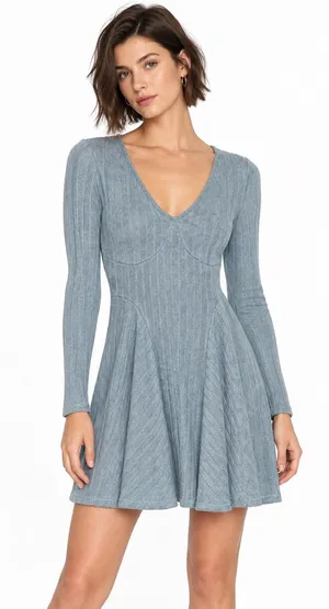 Halara Womens Velvet Ribbed Mini Dress Small Gray V Neck NEW Flare Skater Skirt thumbnail 1