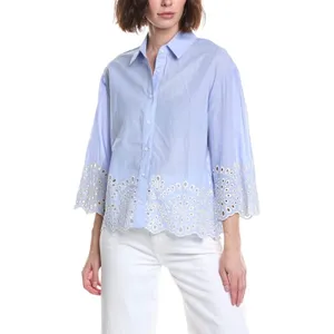 Chelsea & Theodore Light Blue Eyelet Embroidered Cotton Button Up Shirt M thumbnail 4