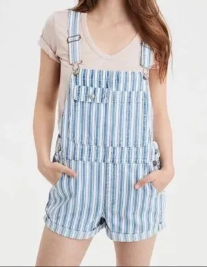 American Eagle Blue White Denim Overall Shorts size XL thumbnail 1