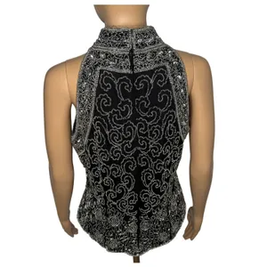 Vintage 1980s Papell Boutique Black Silver Beaded Silk Evening Top Small thumbnail 3