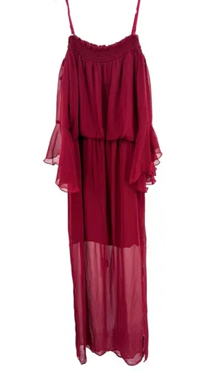 City Triangles burgundy sheer Maxi Dress S flowy bell sleeves boho off shoulder thumbnail 2