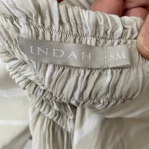 Indah Rayon Boho Beachy Coastal Flowy Striped Smocked Maxi Dress S/M Tan White thumbnail 6