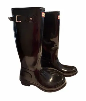 Hunter Women Tall Rubber Black Rain Boots US 7 Waterproof Gloss Black thumbnail 1