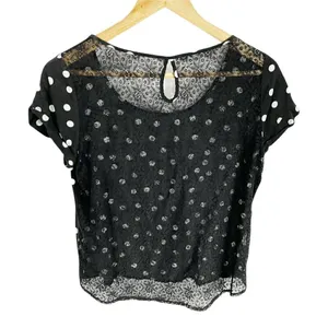 Promod Black Polka Dot Short Sleeved Shirt‎ Sz S Lace Open Back Cropped French thumbnail 3