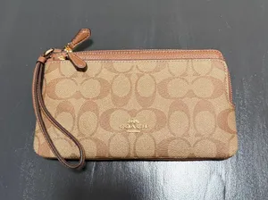 Brand New Coach Brown Signature Canvas Wristlet with Leather Trim thumbnail 1