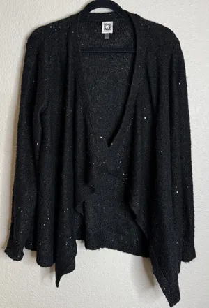 Anne Klein Womens XL Cardigan Black Sequin Open Front Draped Knit Sweater Event thumbnail 1