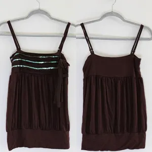 Vintage Y2K Spoof! Dark Chocolate Brown Sequin Bow Bubble Hem Tank Top Size XS thumbnail 2