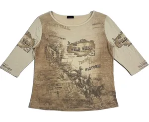 Candy Rain The Wild West Graphic Print 3/4 Sleeve Top Brown Tan Scoop Neck thumbnail 1
