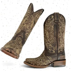 Corral Boots Brown Tan Embroidered Square Toe Western Cowboy Roper Rodeo Size 6 thumbnail 1
