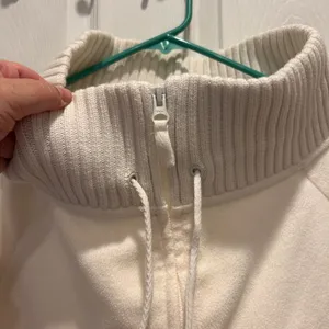 Lands End Womens XL Cream Full Zip Fleece Jacket Mock Neck Ribbed Trim Pocket thumbnail 2