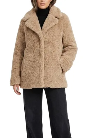 Avec Les Filles Tan Dove Brown Faux Fur Coat Size Small Notch Collar thumbnail 1