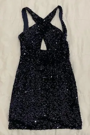 Juniors Navy Blue Sequin Halter Dress - New thumbnail 1