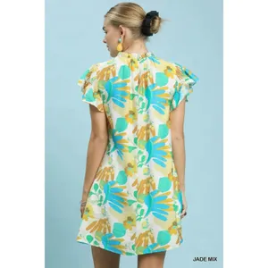 Umgee Ruffled Botanical Print Mini Dress - Jade Mix - Small thumbnail 3