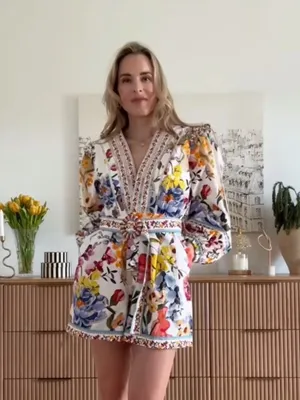 Farm Rio Greek Garden Long Sleeve Plunge Neck Cotton Romper S thumbnail 3