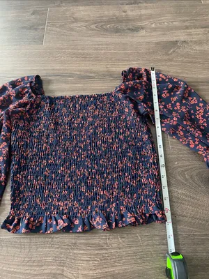Lush Navy w/ Rust Red Floral Print Smocked Blouse w/Puff Sleeves, Size Small thumbnail 3