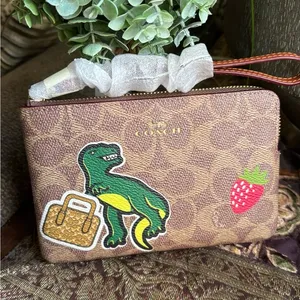 Authentic COACH signature Leather Dino Dice strawberry zip card wristlet 🎲🎩 thumbnail 1