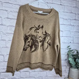 NWT Blu Pepper Horse Knit Sweater L Oversized Western Boho Equestrian Flecked thumbnail 3