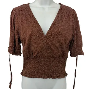 Abercrombie & Fitch Brown Polka Dot Tie Sleeve Smocked Waist Top size S NEW Tags thumbnail 3
