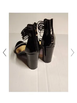 Catherines Black Patent Block Heel Sandals with Ankle Wrap thumbnail 2