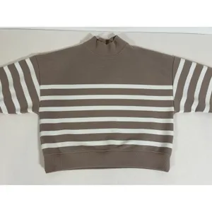 CALIA Womens M Taupe White Striped Mock Neck Cropped Pullover Sweatshirt thumbnail 2