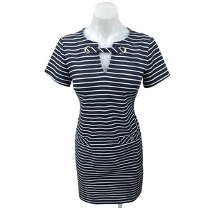 Tommy Hilfiger Women's Blue Striped Short Sleeve Split Neck Mini Sheath Dress 2 thumbnail 4