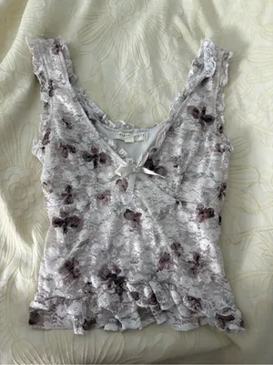 Floral Lace Ruffle Tank Top - Soft Ivory with Dusty Rose thumbnail 1