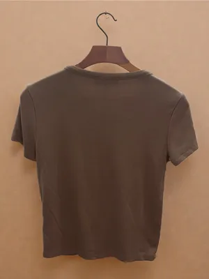 Pink Rose‎ Ribbed Short Sleeve Crop Top — Taupe thumbnail 2
