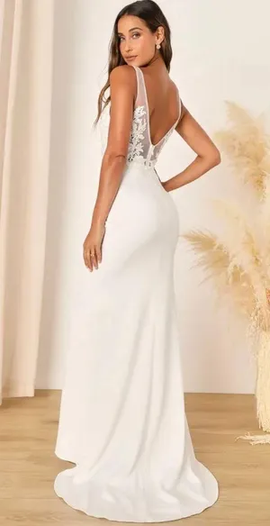 Lulus New Precious Promise White Satin Embroidered Lace Mermaid Maxi Dress thumbnail 1
