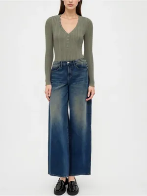 Cider Rib V-Neck Solid Button Bodysuit Green XL NWT thumbnail 2