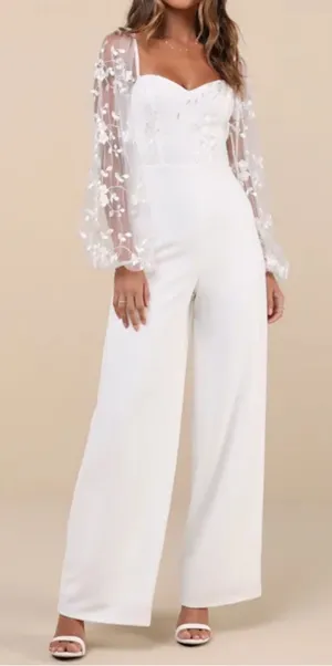 Lulus White Mesh Overlay Embroidered Jumpsuit Size M Bridal Bachelorette Wedding thumbnail 1