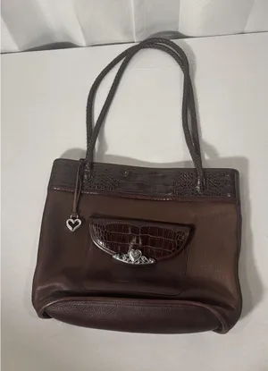 Brighton Handbag‎ Brown Embossed Alligator & Leather Braided Handles Charm thumbnail 1