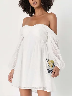 NWOT Lulus Sophisticated Darling White Eyelet Off-the-Shoulder Mini Dress Size S thumbnail 1
