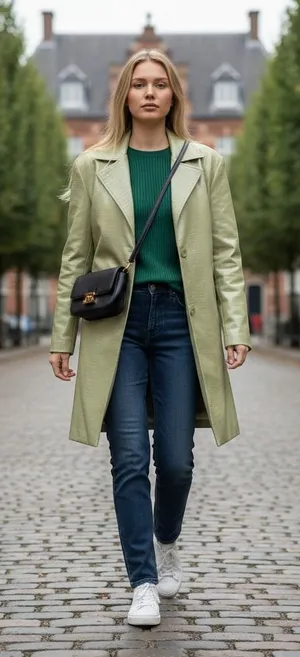 UNAULB Sage Green Crocodile Embossed Faux Leather Trench Coat Jacket Oversized thumbnail 1