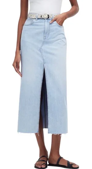 NWT Madewell Women's Rilee Denim Midi Skirt Front Slit Light Wash Blue Size 25‎ thumbnail 1