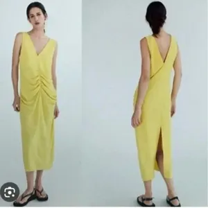 NWOT Zara Center Ruched Detail V-Neck Wide Straps Yellow Midi Dress Small thumbnail 2