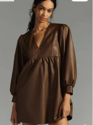 Anthropologie Deep-V Faux Leather Babydoll Dress Size XL thumbnail 7