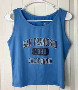 EUC Women’s San Francisco‎ California medium blue brown stretch thick crop top L thumbnail 1