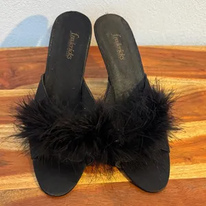 Vintage Y2K Frederick's of Hollywood Black Marabou Feather Satin Peep Toe Heel thumbnail 4
