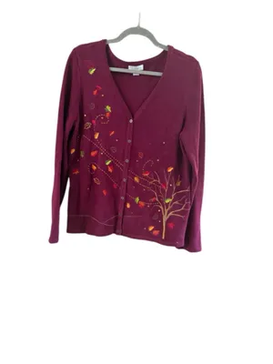 Christopher & Banks Maroon V-Neck Button Cardigan with Autumn Leaf Embroidery thumbnail 3